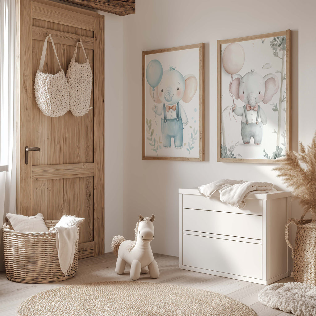 Cute Elephant Nursery Poster · Watercolor Elephant with Balloon · Baby Room Wall Decor · Pastel Animal Illustration · Unframed Print