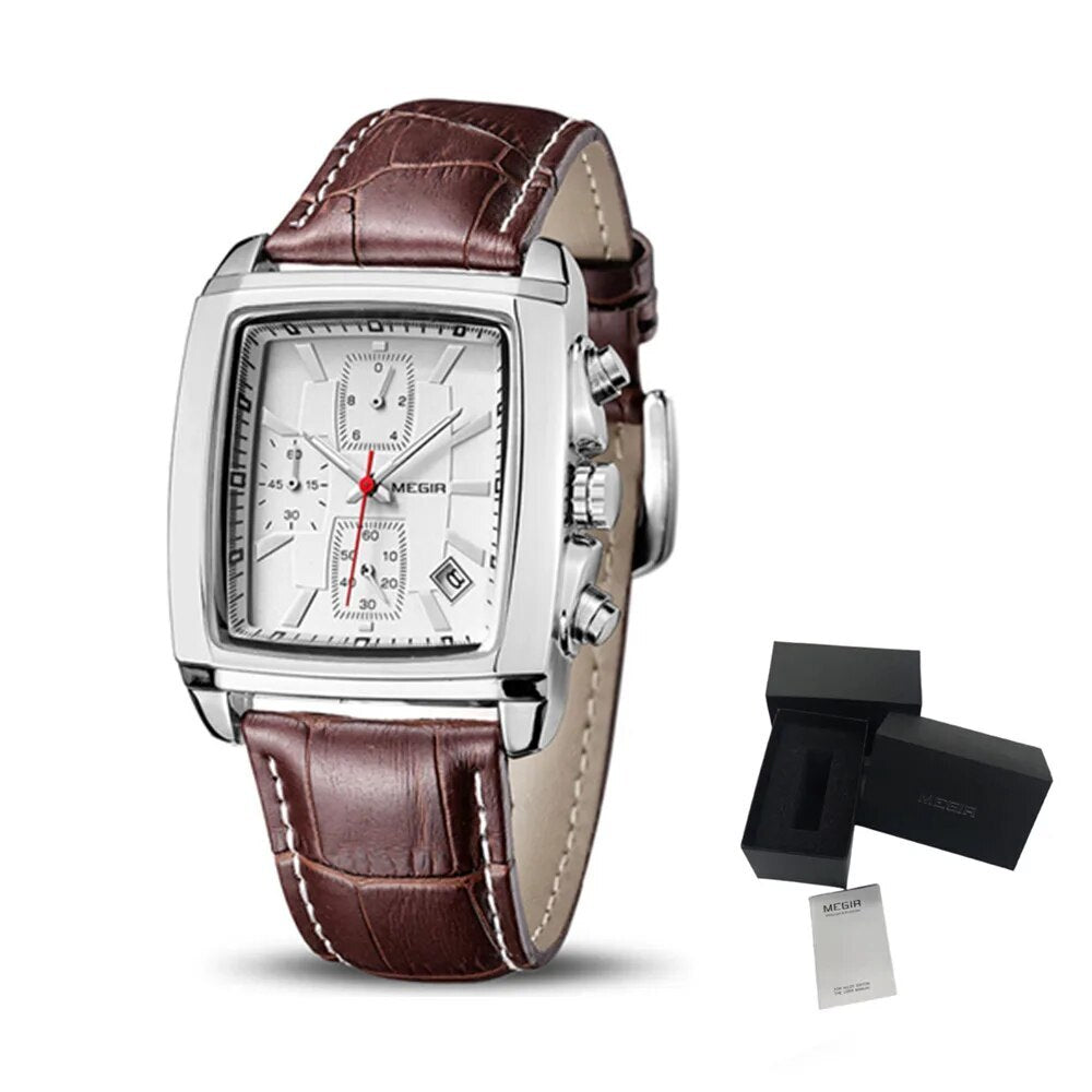 MEGIR Watch Men Business Wristwatch Rectangle Quartz Military Watches Waterproof Luminous Leather Strap Sport Casual Clock Reloj Hombre 2028