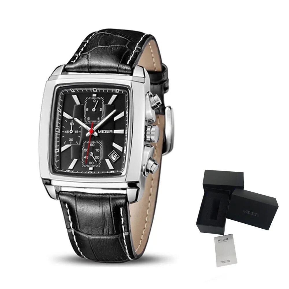 MEGIR Watch Men Business Wristwatch Rectangle Quartz Military Watches Waterproof Luminous Leather Strap Sport Casual Clock Reloj Hombre 2028
