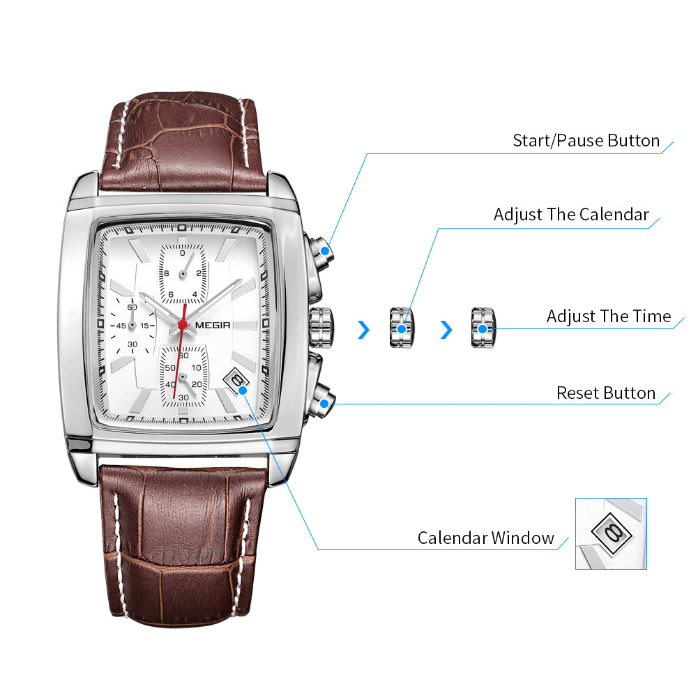 MEGIR Watch Men Business Wristwatch Rectangle Quartz Military Watches Waterproof Luminous Leather Strap Sport Casual Clock Reloj Hombre 2028