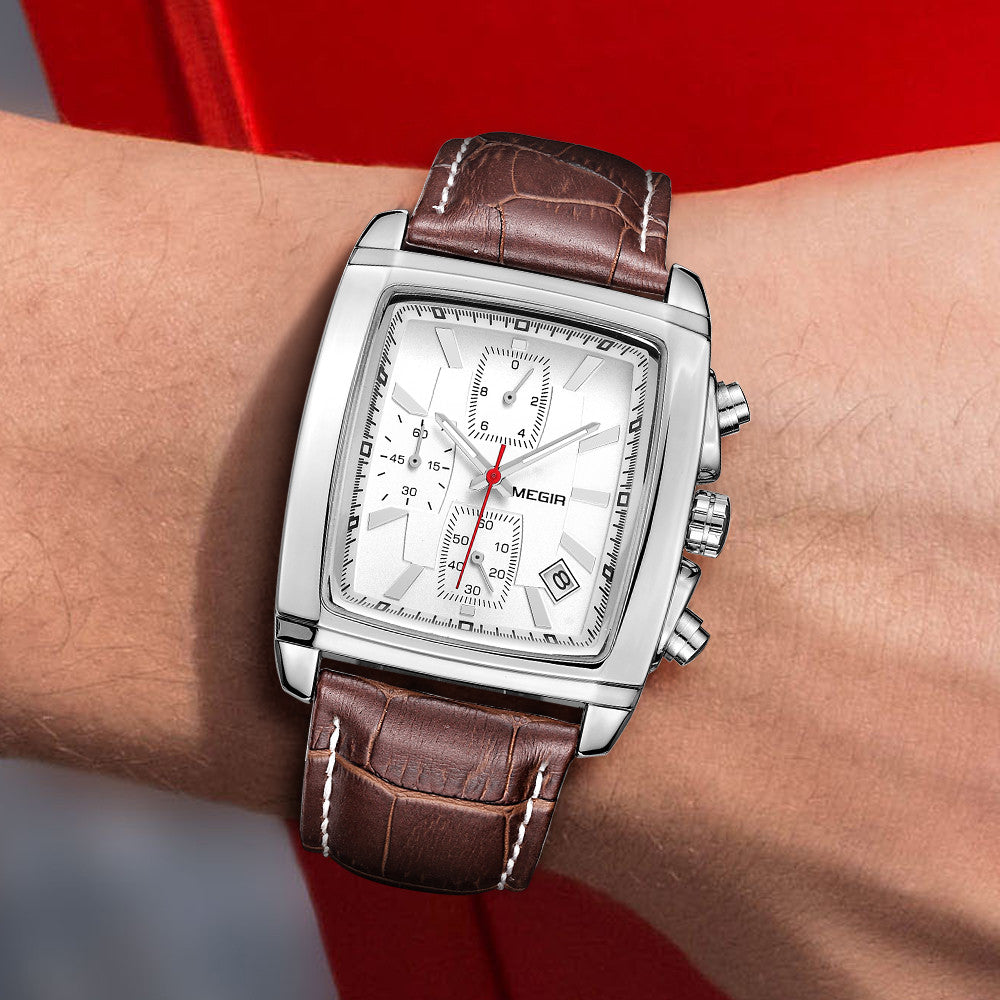 MEGIR Watch Men Business Wristwatch Rectangle Quartz Military Watches Waterproof Luminous Leather Strap Sport Casual Clock Reloj Hombre 2028
