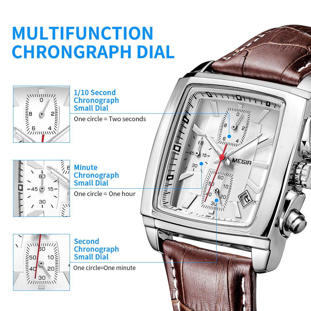 MEGIR Watch Men Business Wristwatch Rectangle Quartz Military Watches Waterproof Luminous Leather Strap Sport Casual Clock Reloj Hombre 2028