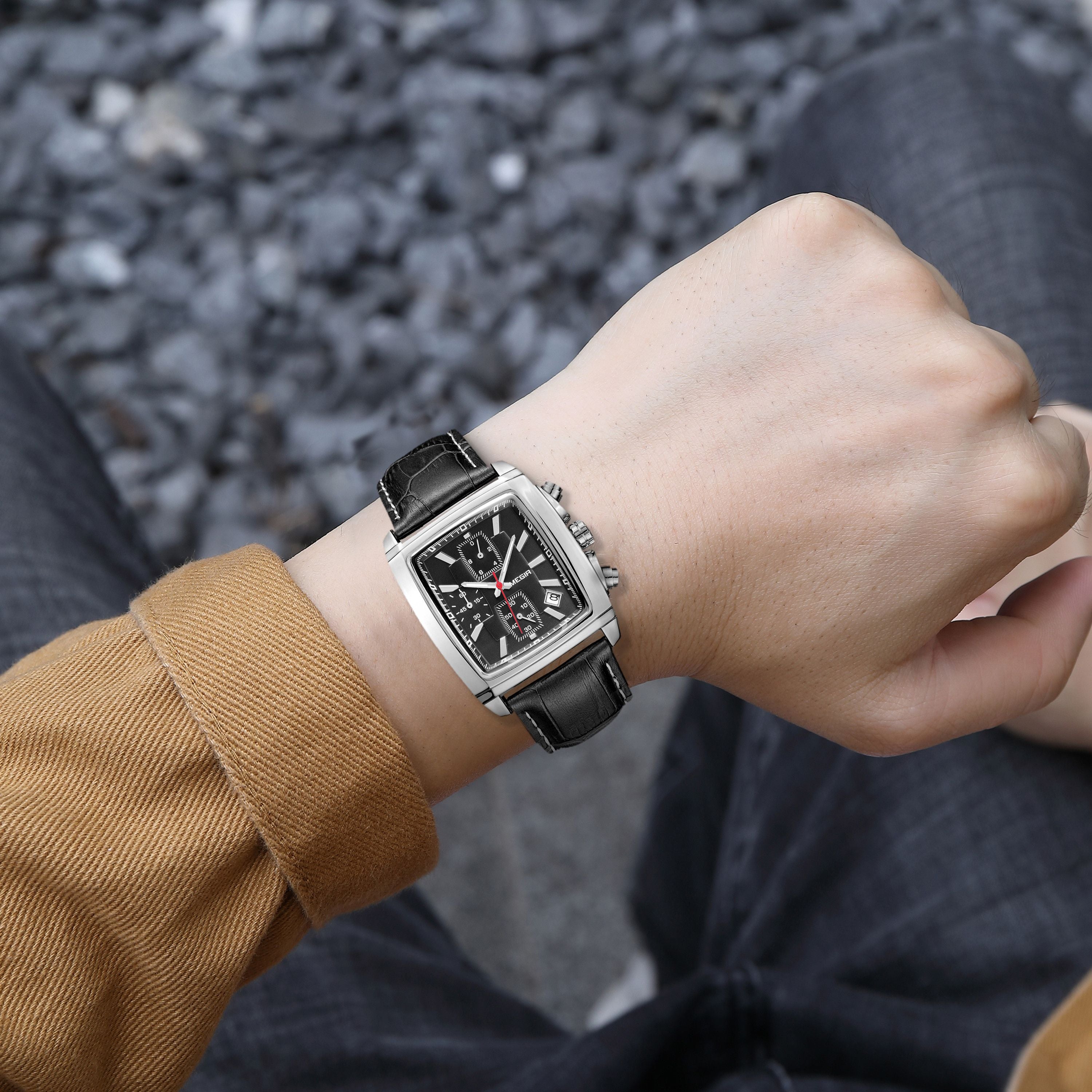 MEGIR Watch Men Business Wristwatch Rectangle Quartz Military Watches Waterproof Luminous Leather Strap Sport Casual Clock Reloj Hombre 2028