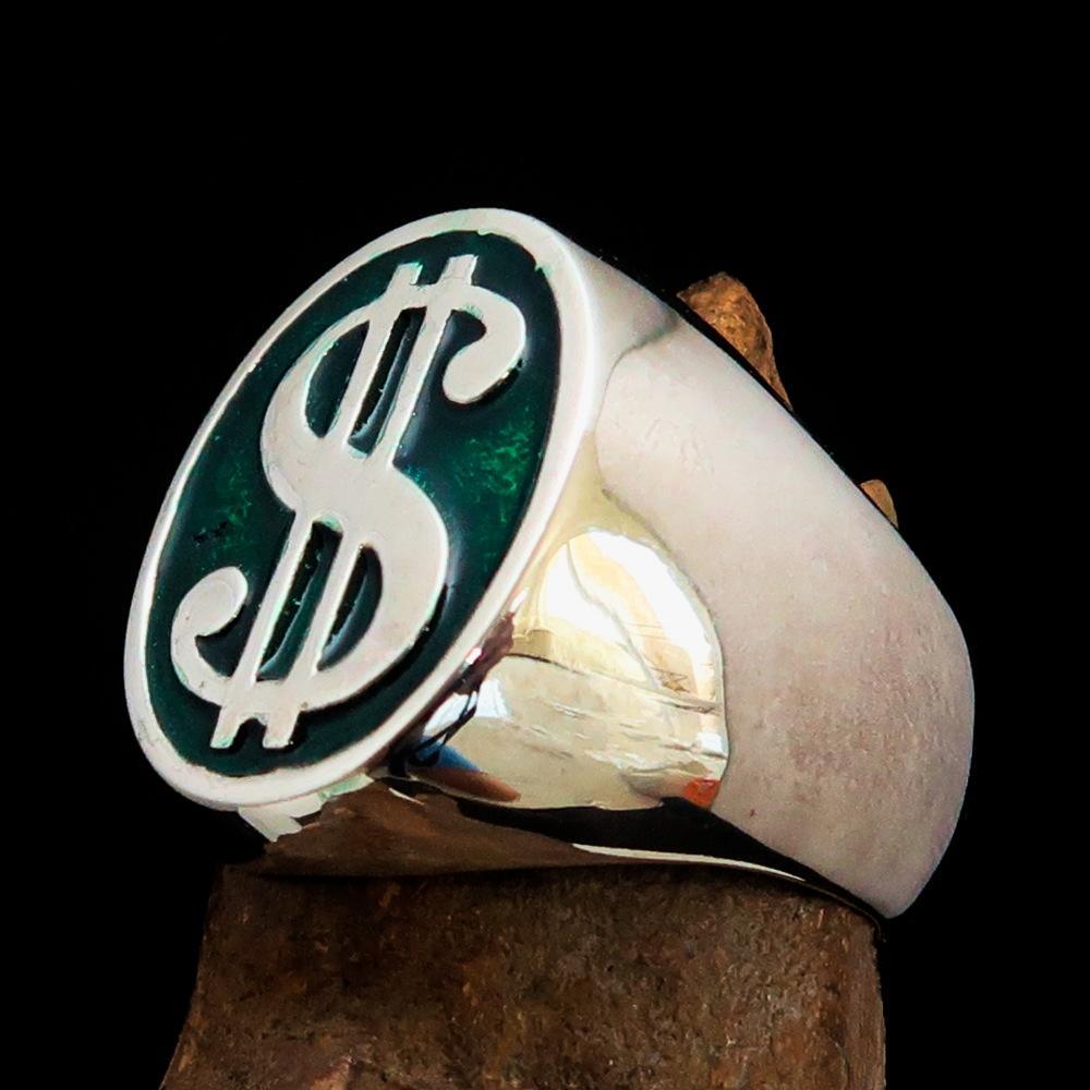Excellent crafted Men's Currency Ring US Dollar Symbol Green - Sterling Silver