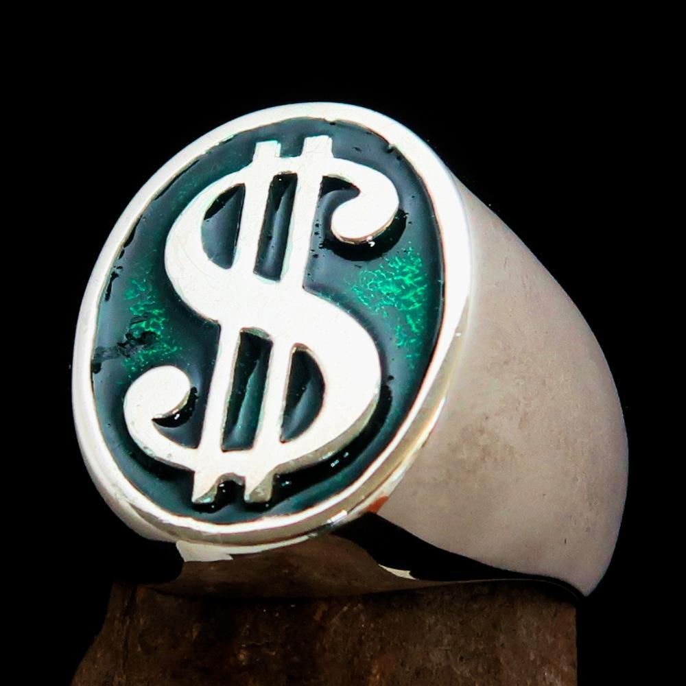 Excellent crafted Men's Currency Ring US Dollar Symbol Green - Sterling Silver