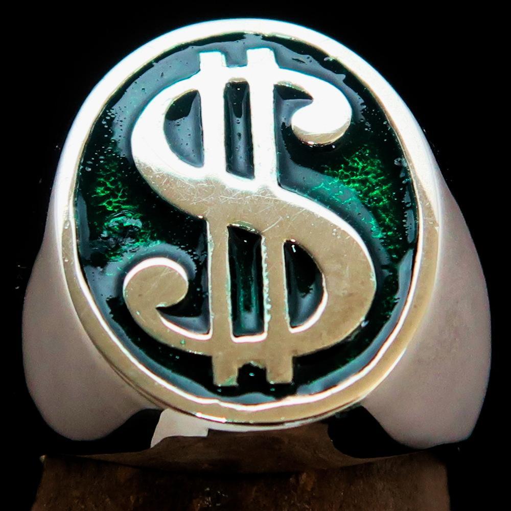 Excellent crafted Men's Currency Ring US Dollar Symbol Green - Sterling Silver