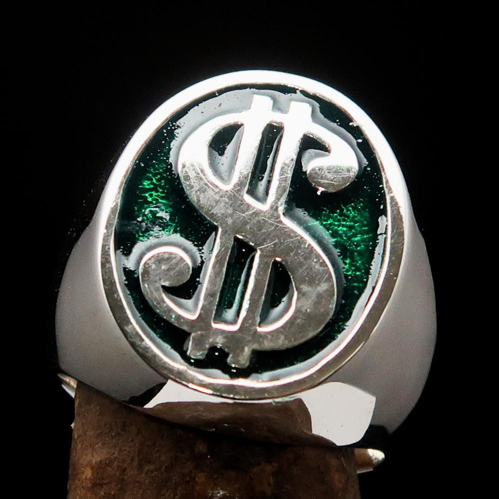 Excellent crafted Men's Currency Ring US Dollar Symbol Green - Sterling Silver