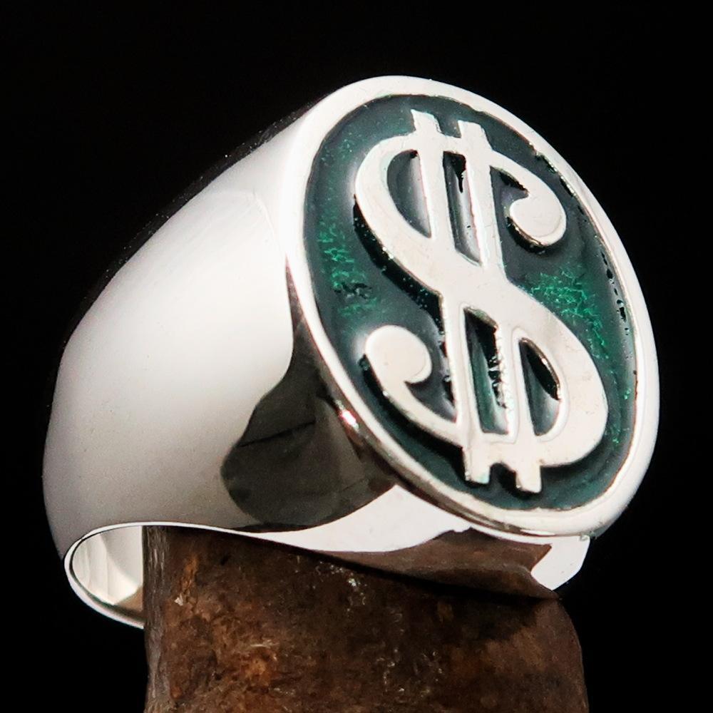 Excellent crafted Men's Currency Ring US Dollar Symbol Green - Sterling Silver