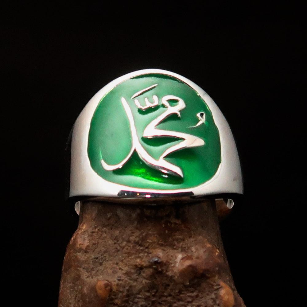 Excellent crafted Men's green Muhammad Muslim Ring - Sterling Silver