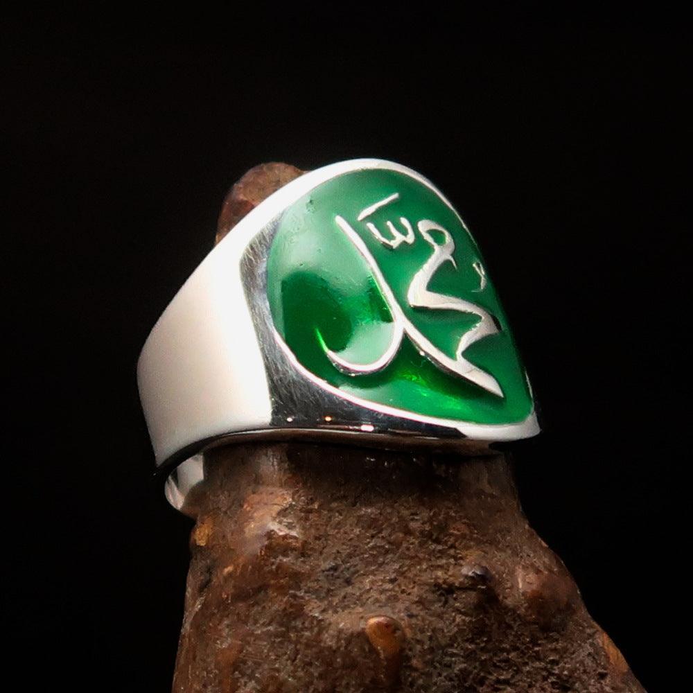 Excellent crafted Men's green Muhammad Muslim Ring - Sterling Silver