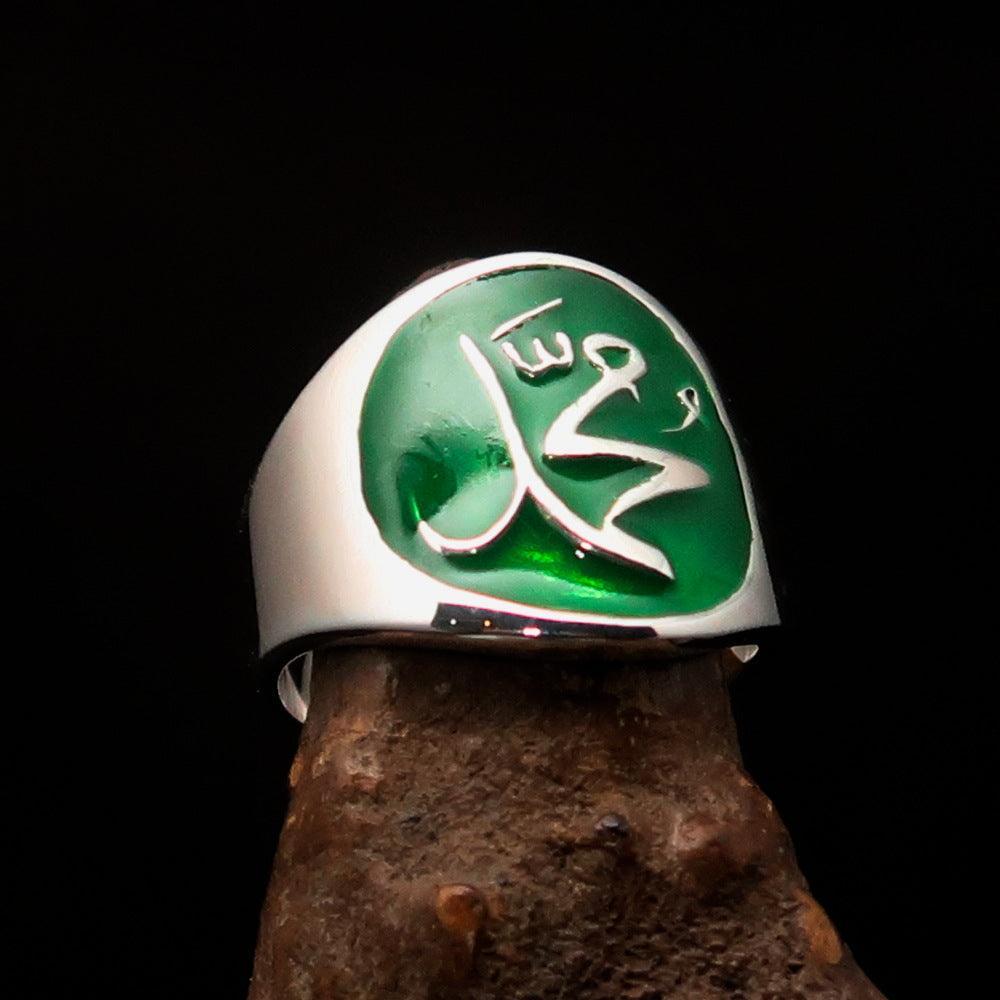 Excellent crafted Men's green Muhammad Muslim Ring - Sterling Silver