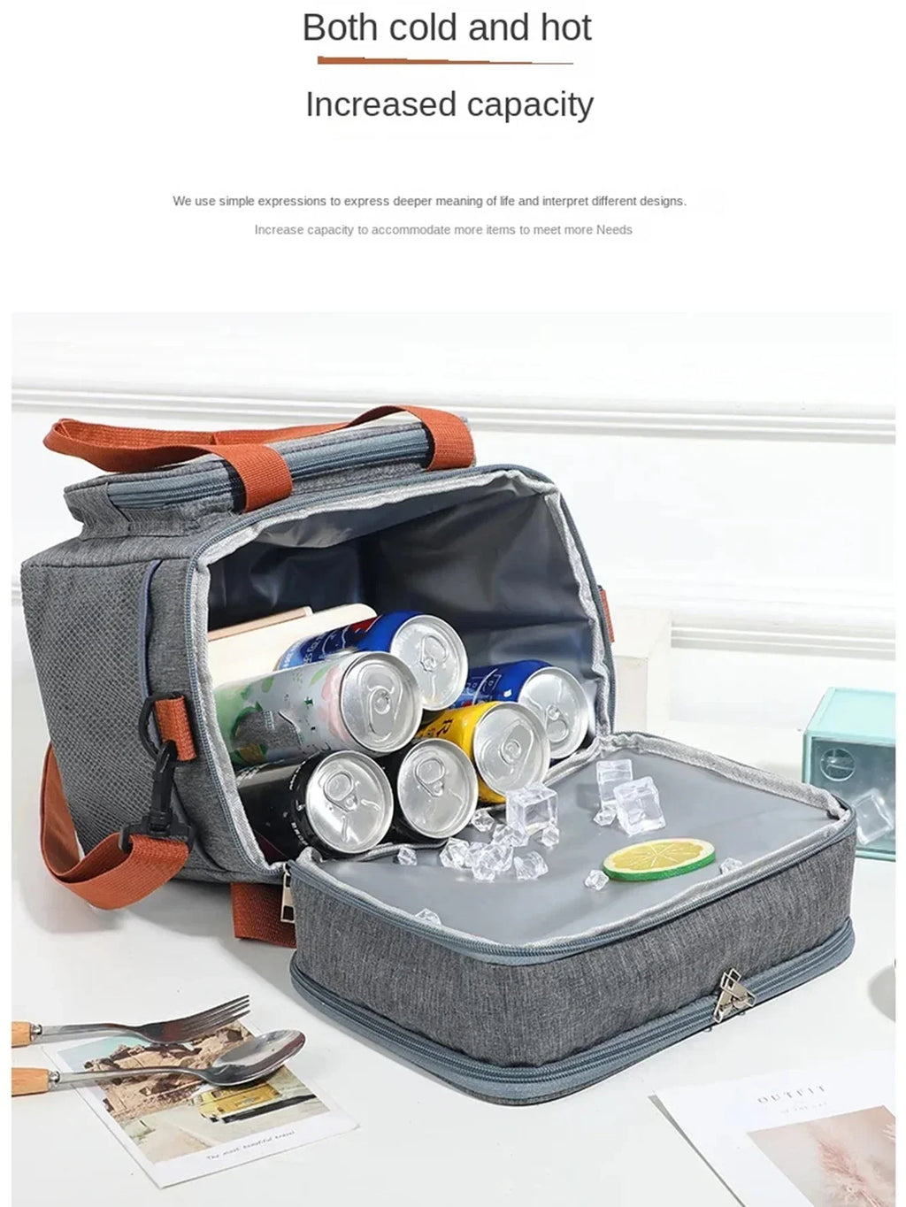 Portable Double Layer Lunch Bag (Grey)