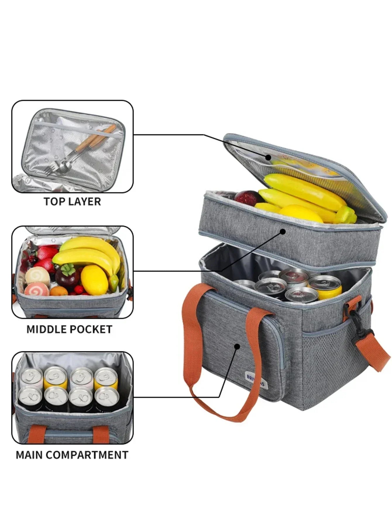 Portable Double Layer Lunch Bag (Grey)