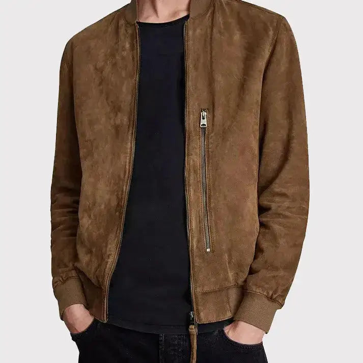 Men’s Brown Suede Leather Bomber Jacket