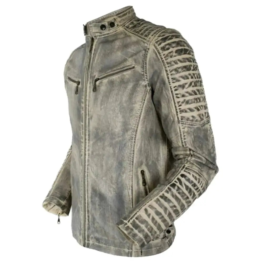 Men’s White Distressed Leather Cafe Racer Jacket