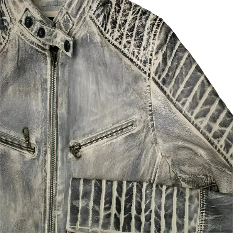 Men’s White Distressed Leather Cafe Racer Jacket