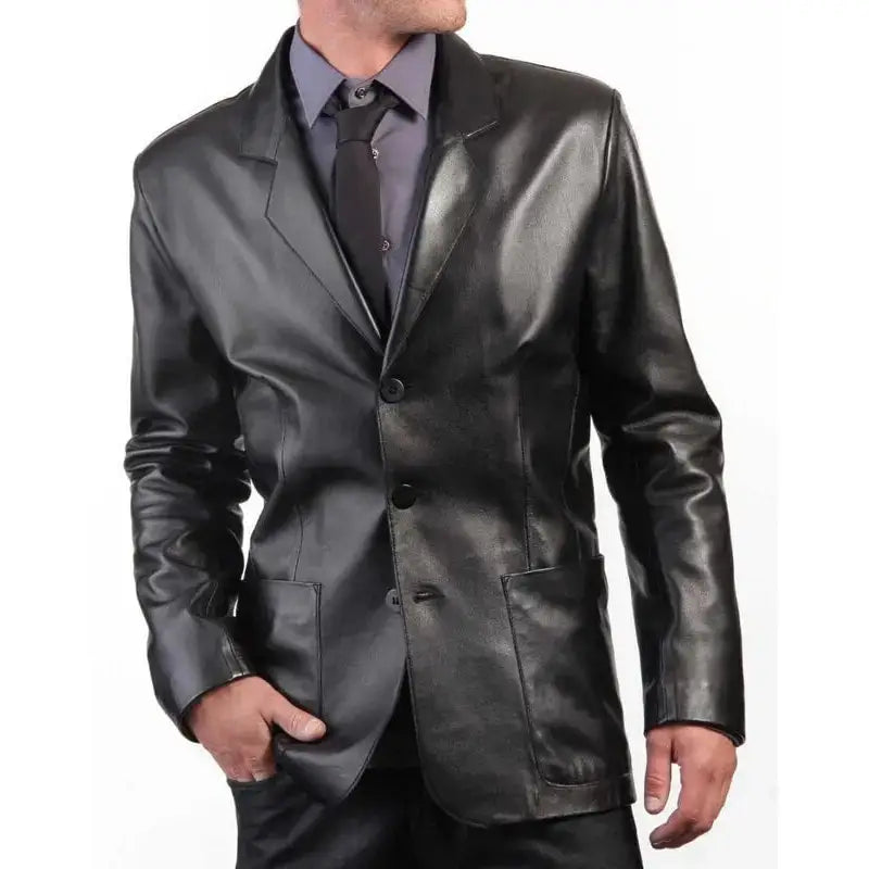 Men’s Black Leather Blazer Coat